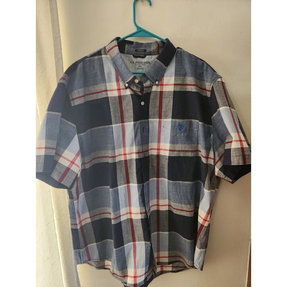 US Polo Assn Mens Plaid Button Up Short Sleeve Shirt 3XL Blue White Red Stretch